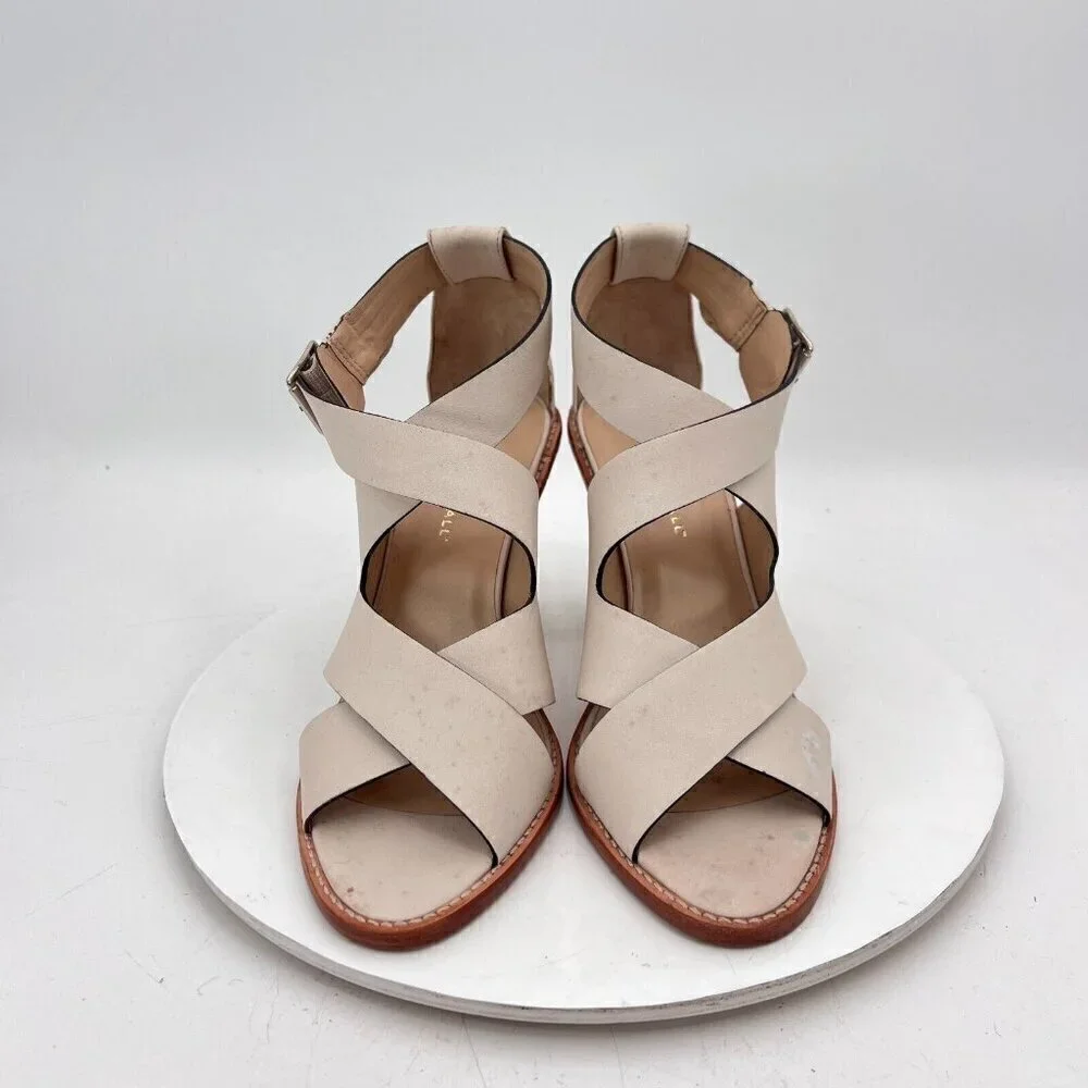 Loeffler Randall Women Size 10B Cream Beige Leather Peep Toe Buckle Heel Sandal